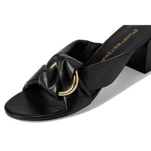 Stuart Weitzman Cece Black Block Heels with Gold Detail